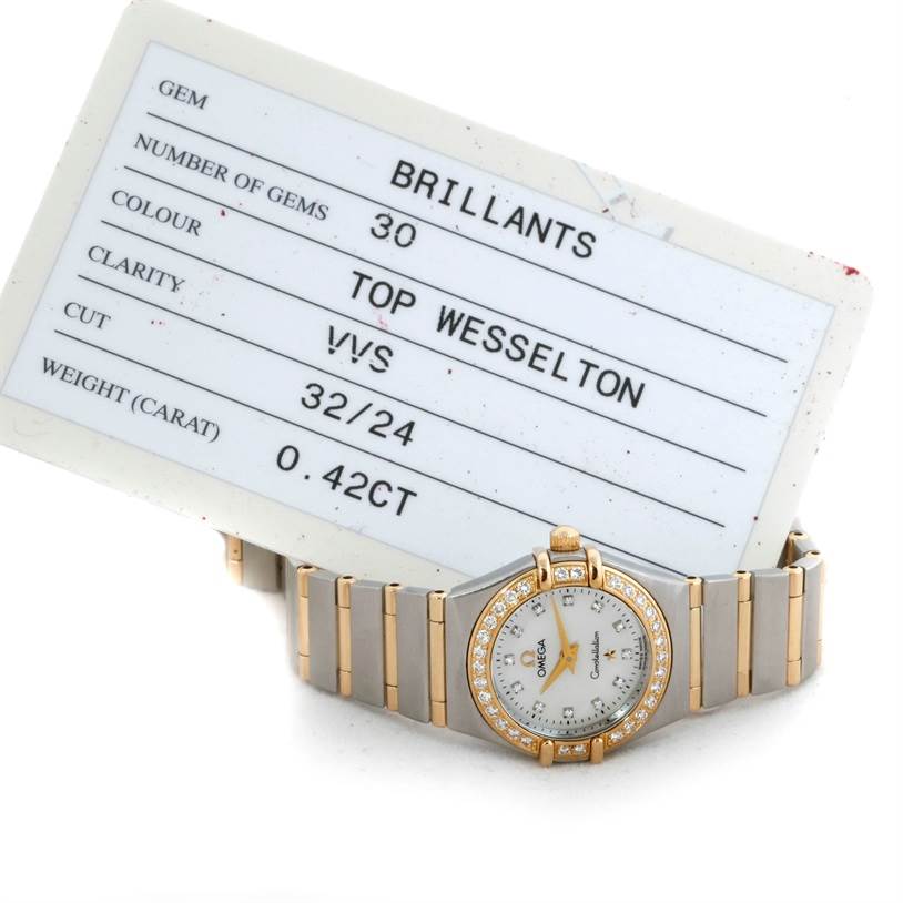 The Omega 1267.75.00 Women
s Steel and Gold (two tone) Mother of Pearl Dial 1267.75.00 Women
s Steel and Gold (two tone) Mother of Pearl Dial Constellation My Choice Steel Gold Diamond Watch 1267.75.00 is shown from the front, displaying its band and diamond-encrusted bezel.