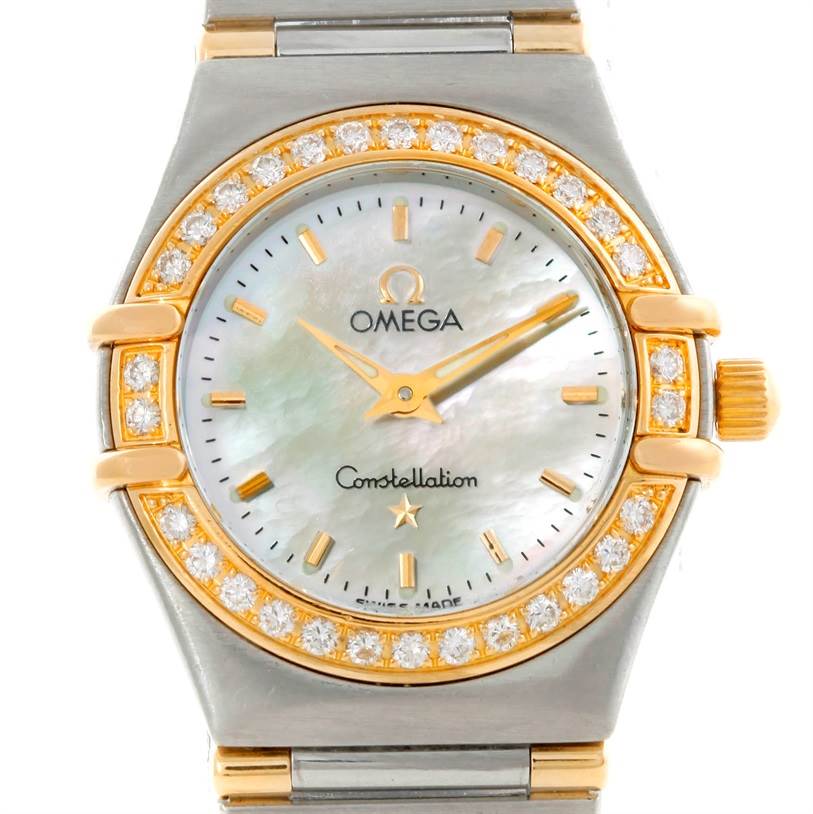 This image shows a frontal view of the Omega 56945066 Women
s Steel and Gold (two tone) Mother of Pearl Dial 56945066 Women
s Steel and Gold (two tone) Mother of Pearl Dial Constellation Mini Steel and Gold Diamond Watch, highlighting its face, bezel, and bracelet.
