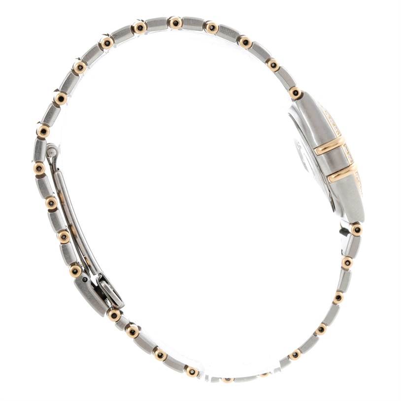 The image shows a side view of the Omega 56945066 Women
s Steel and Gold (two tone) Mother of Pearl Dial 56945066 Women
s Steel and Gold (two tone) Mother of Pearl Dial Constellation Mini Steel and Gold Diamond Watch, focusing on the bracelet and profile of the case.