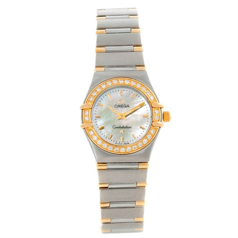 This is a frontal view of the Omega 56945066 Women
s Steel and Gold (two tone) Mother of Pearl Dial 56945066 Women
s Steel and Gold (two tone) Mother of Pearl Dial Constellation Mini Steel and Gold Diamond Watch, showing the face, bezel, crown, and bracelet.