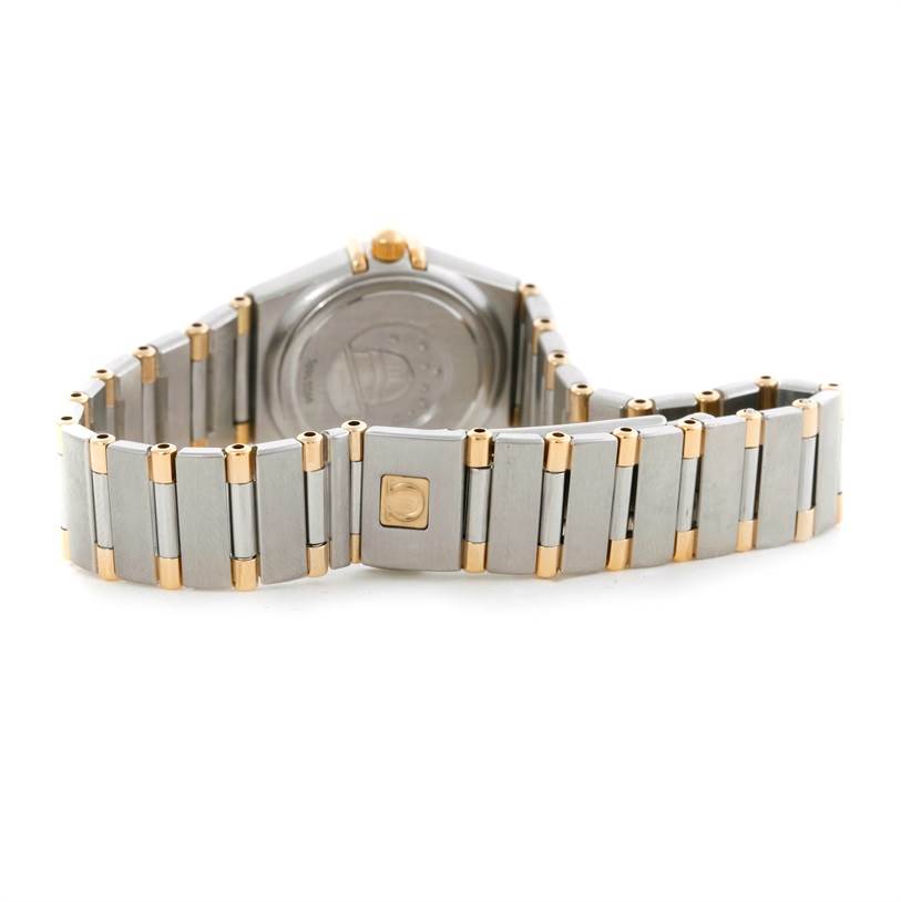 The image shows the back and bracelet of the Omega 56945066 Women
s Steel and Gold (two tone) Mother of Pearl Dial 56945066 Women
s Steel and Gold (two tone) Mother of Pearl Dial Constellation Mini Steel and Gold Diamond Watch.
