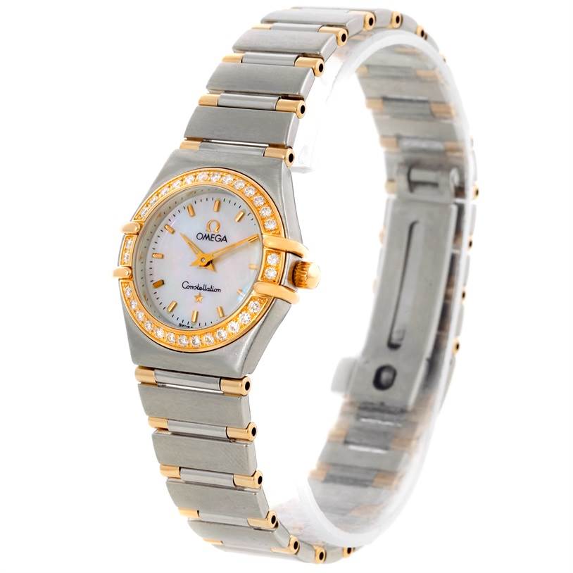 The Omega 56945066 Women
s Steel and Gold (two tone) Mother of Pearl Dial 56945066 Women
s Steel and Gold (two tone) Mother of Pearl Dial Constellation Mini Steel and Gold Diamond Watch is shown at a slight angle highlighting the face, bezel, and part of the bracelet.