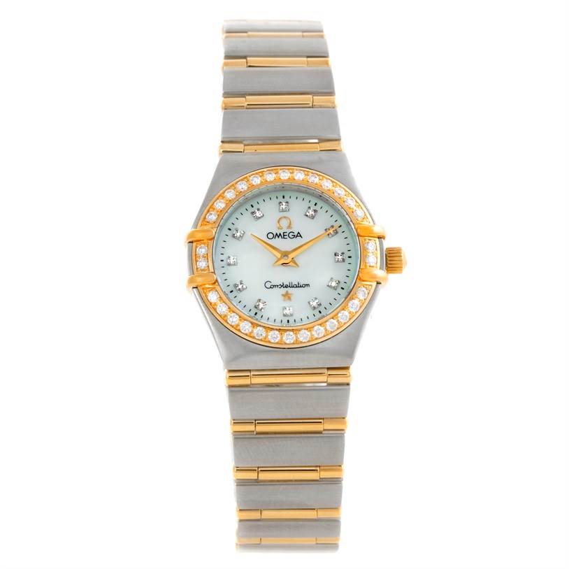 The Omega 1267.75.00 Women
s Steel and Gold (two tone) Mother of Pearl Dial 1267.75.00 Women
s Steel and Gold (two tone) Mother of Pearl Dial Constellation My Choice Steel Gold Diamond Watch 1267.75.00 is shown from a top view, displaying the entire watch face and bracelet.