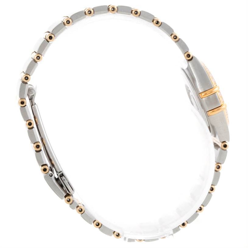 The image shows a side view of the Omega 1267.75.00 Women
s Steel and Gold (two tone) Mother of Pearl Dial 1267.75.00 Women
s Steel and Gold (two tone) Mother of Pearl Dial Constellation My Choice Steel Gold Diamond Watch 1267.75.00, focusing on the bracelet and case.