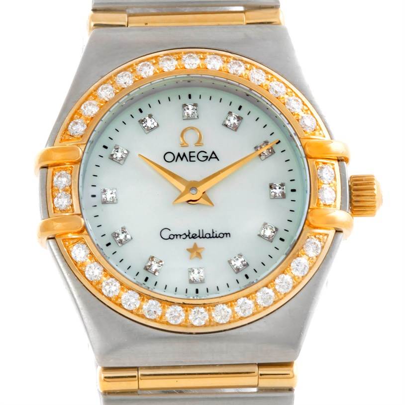 The image shows a front view of the Omega 1267.75.00 Women
s Steel and Gold (two tone) Mother of Pearl Dial 1267.75.00 Women
s Steel and Gold (two tone) Mother of Pearl Dial Constellation My Choice Steel Gold Diamond Watch 1267.75.00, highlighting its diamond bezel and face.