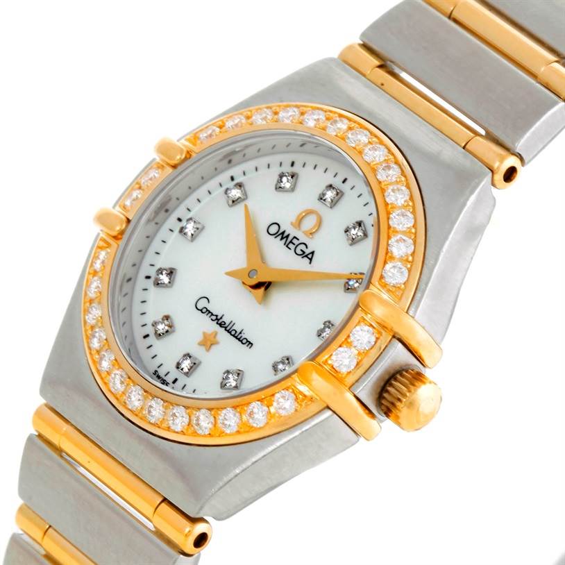 The Omega 1267.75.00 Women
s Steel and Gold (two tone) Mother of Pearl Dial 1267.75.00 Women
s Steel and Gold (two tone) Mother of Pearl Dial Constellation My Choice Steel Gold Diamond Watch model 1267.75.00 is shown at an angle highlighting its dial, bezel, and part of the bracelet.