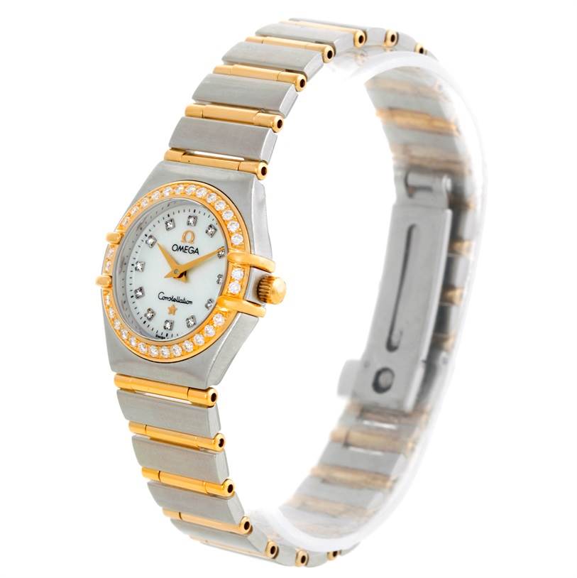 The Omega 1267.75.00 Women
s Steel and Gold (two tone) Mother of Pearl Dial 1267.75.00 Women
s Steel and Gold (two tone) Mother of Pearl Dial Constellation My Choice Steel Gold Diamond Watch 1267.75.00 is shown at a slight angle, displaying its bracelet and diamond bezel.