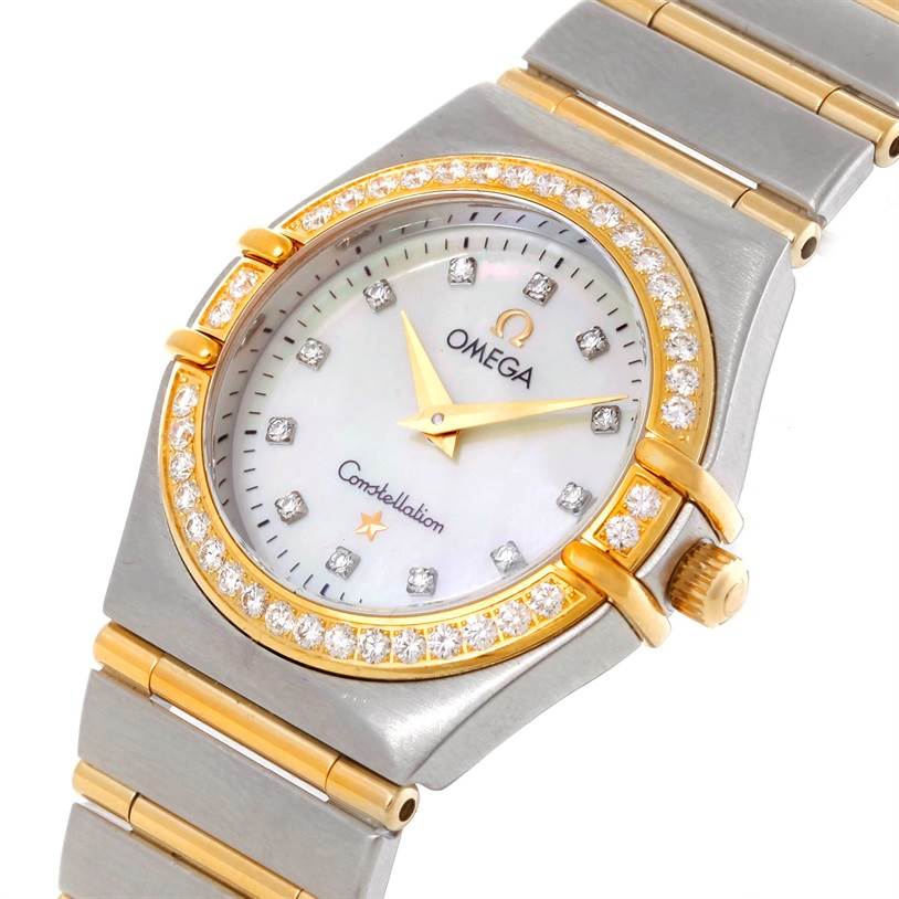 The image shows an angled view of the Omega 1277.75.00 Women
s Steel and Gold (two tone) Mother of Pearl Dial 1277.75.00 Women
s Steel and Gold (two tone) Mother of Pearl Dial Constellation My Choice Steel Gold Diamond Watch 1277.75.00, highlighting the bezel, dial, and bracelet.