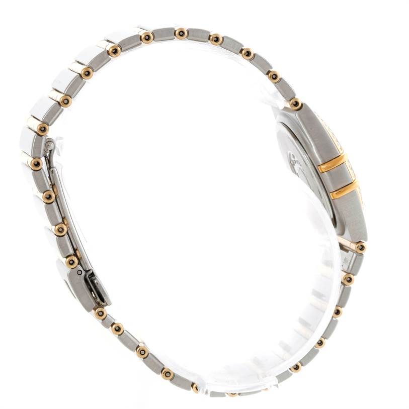 The image shows a side profile of the Omega 1277.75.00 Women
s Steel and Gold (two tone) Mother of Pearl Dial 1277.75.00 Women
s Steel and Gold (two tone) Mother of Pearl Dial Constellation My Choice Steel Gold Diamond Watch 1277.75.00, focusing on the bracelet and case side.