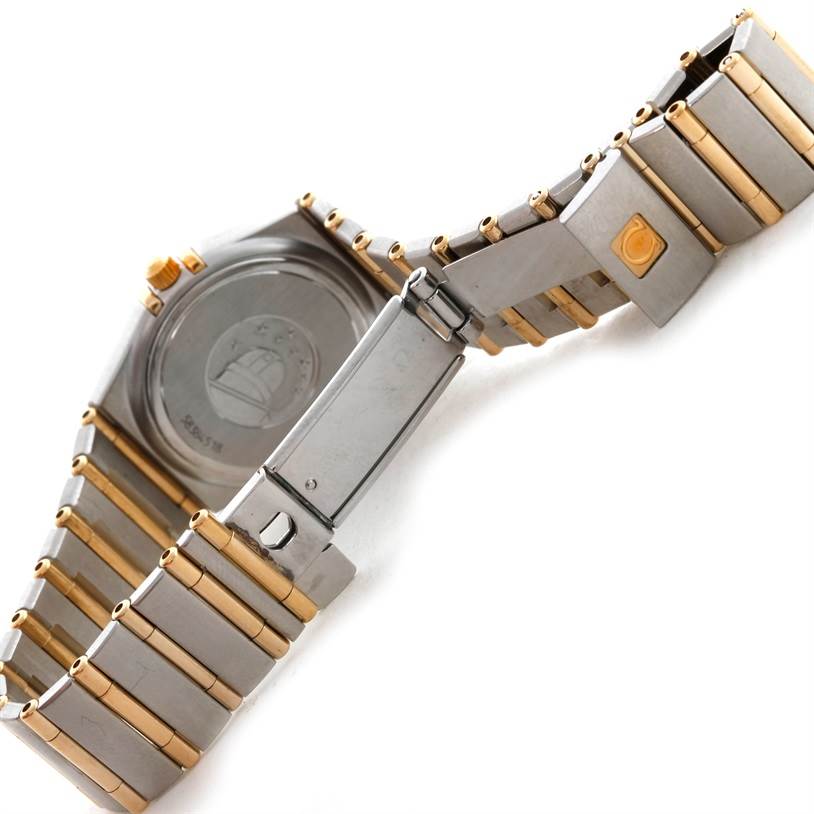 This image shows the back and partially opened bracelet of the Omega 1277.75.00 Women
s Steel and Gold (two tone) Mother of Pearl Dial 1277.75.00 Women
s Steel and Gold (two tone) Mother of Pearl Dial Constellation My Choice Steel Gold Diamond Watch 1277.75.00.