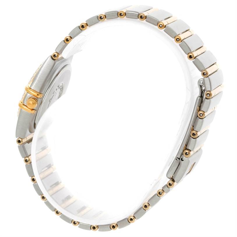 This image shows the side view of the Omega 1277.75.00 Women
s Steel and Gold (two tone) Mother of Pearl Dial 1277.75.00 Women
s Steel and Gold (two tone) Mother of Pearl Dial Constellation My Choice Steel Gold Diamond Watch 1277.75.00, highlighting its bracelet and clasp.