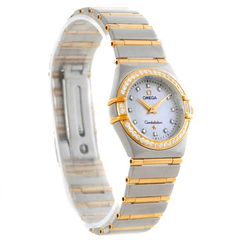 The image shows an Omega 1277.75.00 Women
s Steel and Gold (two tone) Mother of Pearl Dial 1277.75.00 Women
s Steel and Gold (two tone) Mother of Pearl Dial Constellation My Choice Steel Gold Diamond Watch 1277.75.00, displaying the face, bezel, and bracelet.