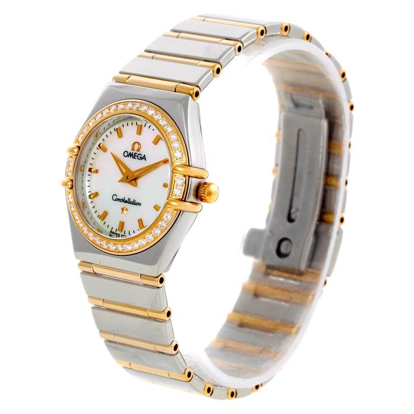 The Omega 1277.70.00 Women
s Steel and Gold (two tone) Mother of Pearl Dial 1277.70.00 Women
s Steel and Gold (two tone) Mother of Pearl Dial Constellation My Choice Steel Gold Diamond Watch 1277.70.00 is shown from an angled front view, highlighting its bezel, dial, and bracelet.