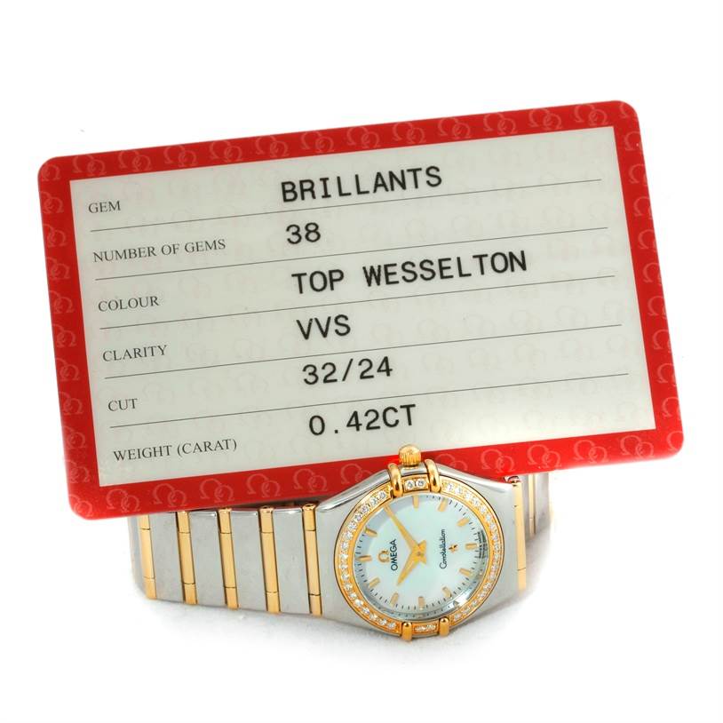 The Omega 1277.70.00 Women
s Steel and Gold (two tone) Mother of Pearl Dial 1277.70.00 Women
s Steel and Gold (two tone) Mother of Pearl Dial Constellation My Choice Steel Gold Diamond Watch 1277.70.00 is shown from a front angle with its face and band visible.