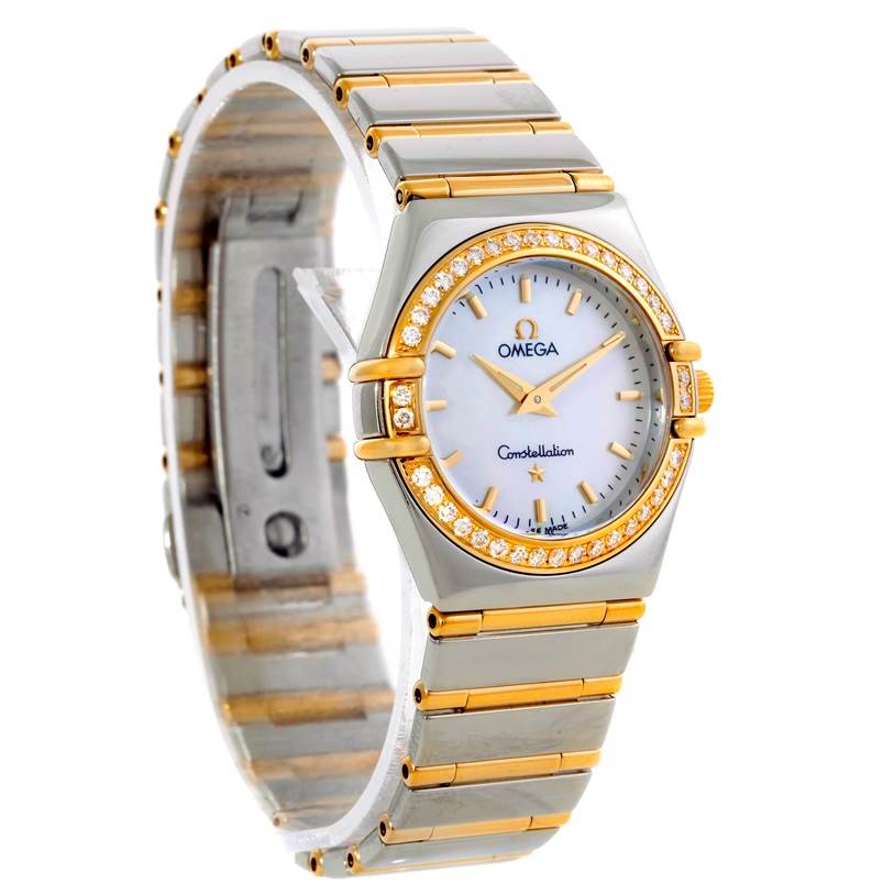 The image shows a front angled view of the Omega 1277.70.00 Women
s Steel and Gold (two tone) Mother of Pearl Dial 1277.70.00 Women
s Steel and Gold (two tone) Mother of Pearl Dial Constellation My Choice Steel Gold Diamond Watch 1277.70.00, highlighting its bracelet and diamond bezel.