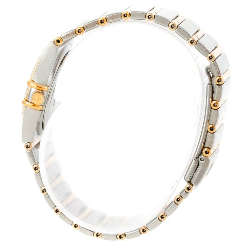 The image shows a side profile of the Omega 1277.70.00 Women
s Steel and Gold (two tone) Mother of Pearl Dial 1277.70.00 Women
s Steel and Gold (two tone) Mother of Pearl Dial Constellation My Choice Steel Gold Diamond Watch 1277.70.00, highlighting its band and clasp.