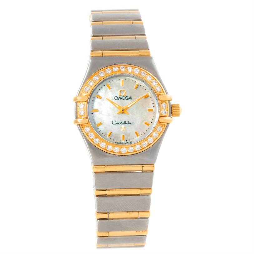 The image shows a frontal view of the Omega 1267.70.00 Women
s Steel and Gold (two tone) Mother of Pearl Dial 1267.70.00 Women
s Steel and Gold (two tone) Mother of Pearl Dial Constellation My Choice Mini Steel Gold Diamond Watch 1267.70.00, displaying the face, bezel, and bracelet.