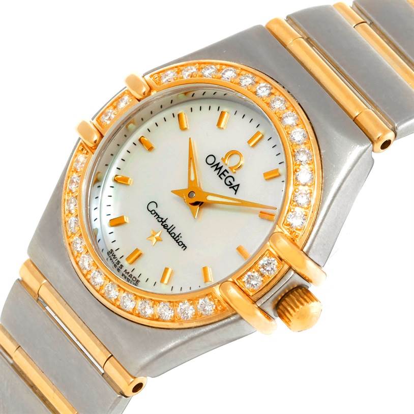 The Omega 1267.70.00 Women
s Steel and Gold (two tone) Mother of Pearl Dial 1267.70.00 Women
s Steel and Gold (two tone) Mother of Pearl Dial Constellation My Choice Mini Steel Gold Diamond Watch 1267.70.00 is shown at an oblique angle, highlighting the face, bezel, crown, and part of the bracelet.