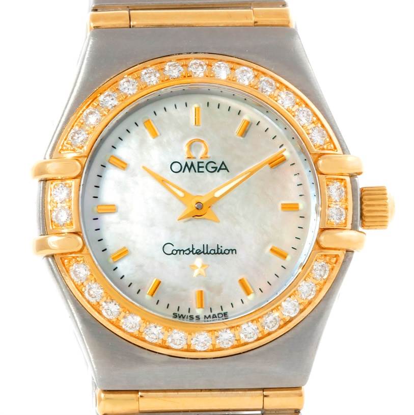 The image shows a frontal view of the Omega 1267.70.00 Women
s Steel and Gold (two tone) Mother of Pearl Dial 1267.70.00 Women
s Steel and Gold (two tone) Mother of Pearl Dial Constellation My Choice Mini Steel Gold Diamond Watch 1267.70.00, highlighting the dial and bezel.