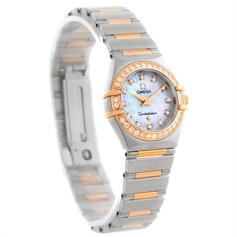The image shows the front and side of an Omega 1360.75.00 Women
s Steel and Gold (two tone) Mother of Pearl Dial 1360.75.00 Women
s Steel and Gold (two tone) Mother of Pearl Dial Constellation My Choice Mini Diamond Watch 1360.75.00, highlighting the dial and bracelet.