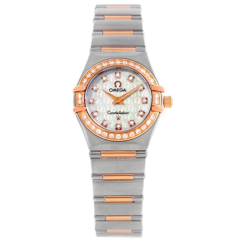 The image shows a front view of the Omega 1360.75.00 Women
s Steel and Gold (two tone) Mother of Pearl Dial 1360.75.00 Women
s Steel and Gold (two tone) Mother of Pearl Dial Constellation My Choice Mini Diamond Watch 1360.75.00, displaying the face and bracelet.