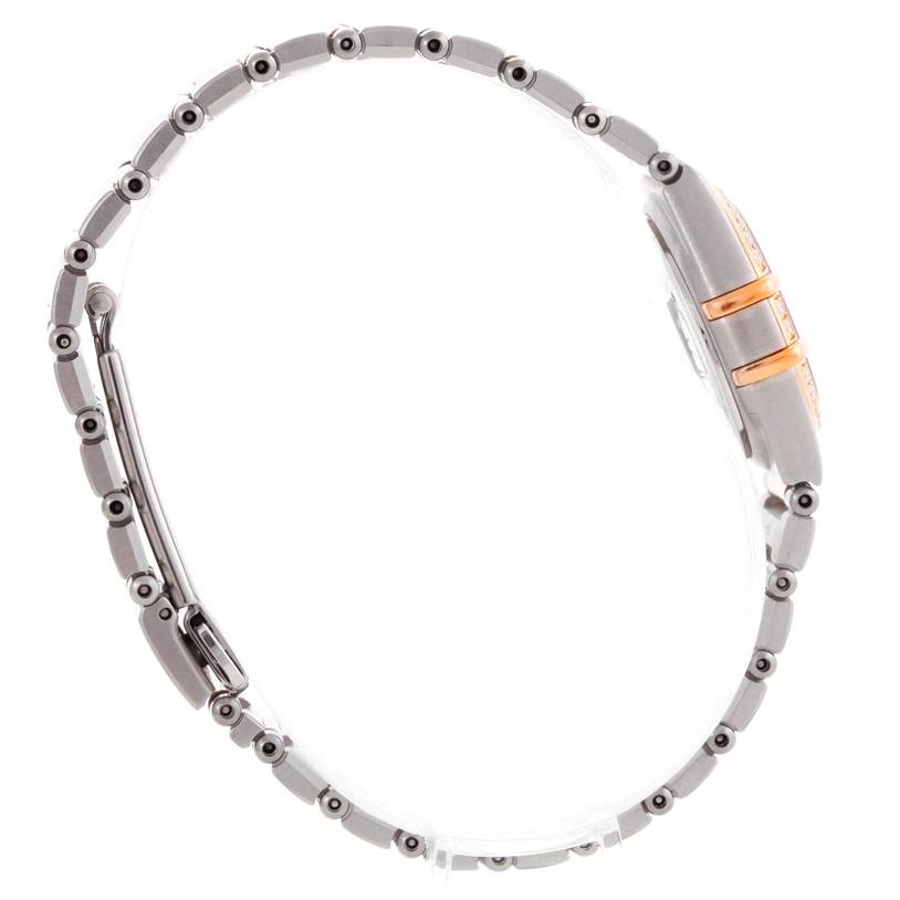 The image shows a side profile of the Omega 1360.75.00 Women
s Steel and Gold (two tone) Mother of Pearl Dial 1360.75.00 Women
s Steel and Gold (two tone) Mother of Pearl Dial Constellation My Choice Mini Diamond Watch 1360.75.00, highlighting the bracelet and clasp.