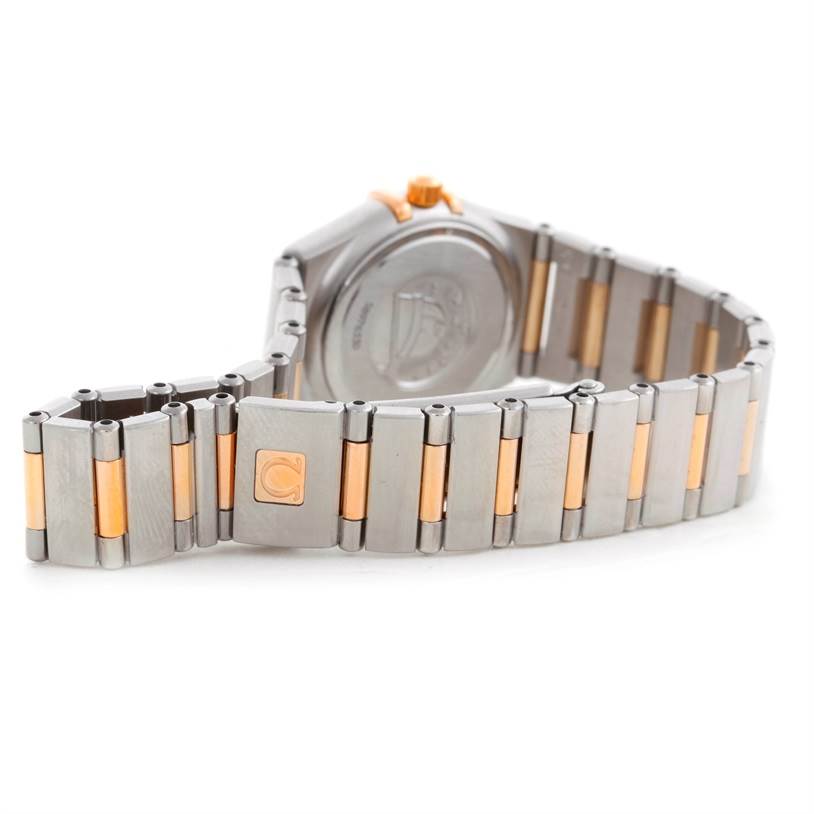 The image shows the back view and bracelet of the Omega 1360.75.00 Women
s Steel and Gold (two tone) Mother of Pearl Dial 1360.75.00 Women
s Steel and Gold (two tone) Mother of Pearl Dial Constellation My Choice Mini Diamond Watch 1360.75.00.