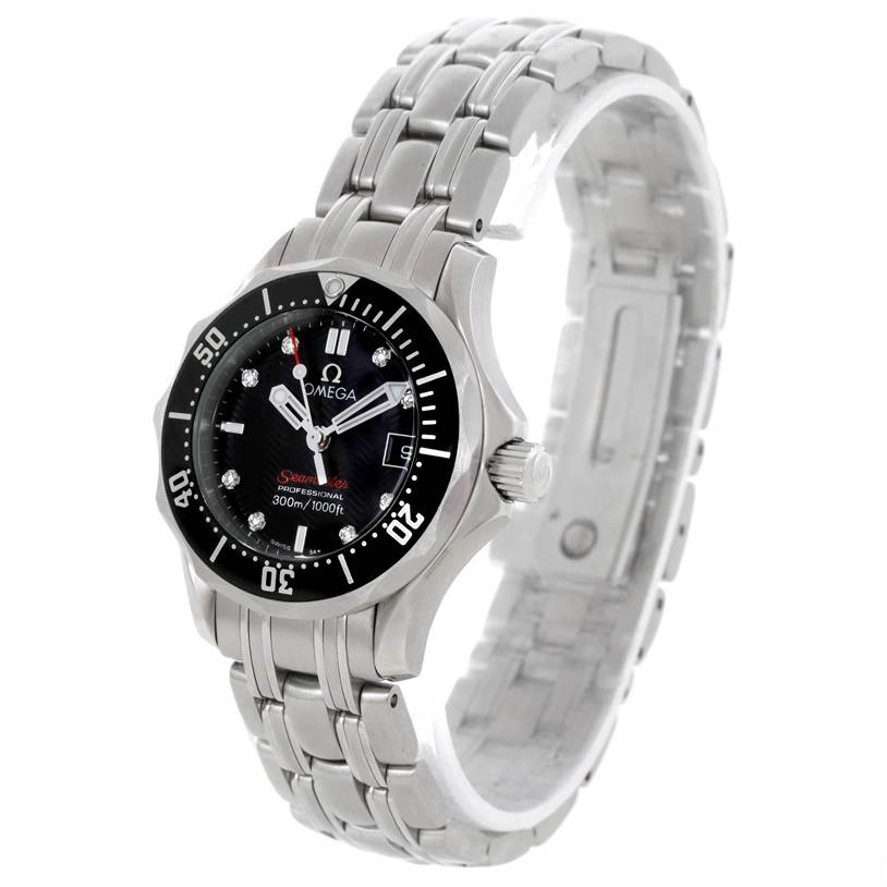 The Omega 212.30.28.61.01.001 Women's Stainless Steel Black Dial 212.30.28.61.01.001 Women's Stainless Steel Black Dial Seamaster Professional Diamond Ladies Watch 212.30.28.61.51.001 is shown at a three-quarter angle highlighting its face, bezel, and bracelet.