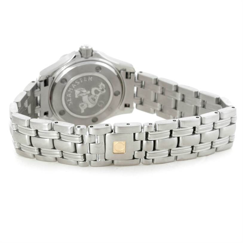 The image shows the back and bracelet of the Omega 212.30.28.61.01.001 Women's Stainless Steel Black Dial 212.30.28.61.01.001 Women's Stainless Steel Black Dial Seamaster Professional Diamond Ladies Watch 212.30.28.61.51.001.