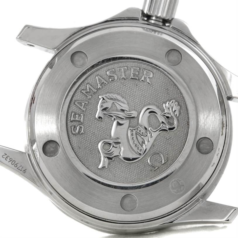 This image shows the case back of the Omega 212.30.28.61.01.001 Women's Stainless Steel Black Dial 212.30.28.61.01.001 Women's Stainless Steel Black Dial Seamaster Professional Diamond Ladies Watch model 212.30.28.61.51.001.