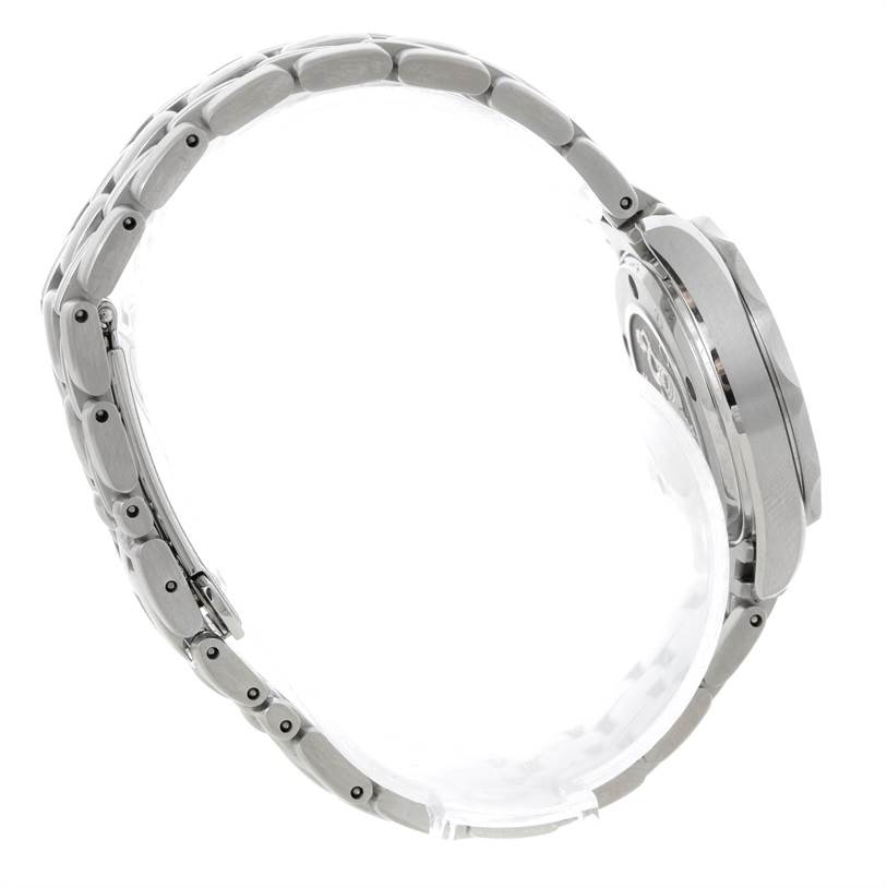 The image shows a side view of the Omega 212.30.28.61.01.001 Women's Stainless Steel Black Dial 212.30.28.61.01.001 Women's Stainless Steel Black Dial Seamaster Professional Diamond Ladies Watch 212.30.28.61.51.001, highlighting its bracelet and case.