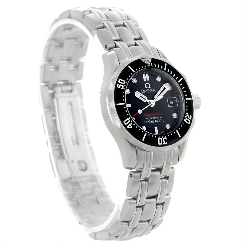 The Omega 212.30.28.61.01.001 Women's Stainless Steel Black Dial 212.30.28.61.01.001 Women's Stainless Steel Black Dial Seamaster Professional Diamond Ladies Watch model 212.30.28.61.51.001 is shown at a slight angle, highlighting its face and metal strap.