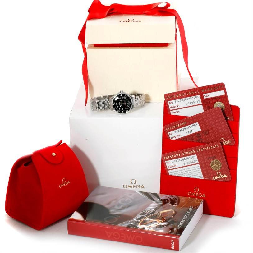 The image shows an Omega 212.30.28.61.01.001 Women's Stainless Steel Black Dial 212.30.28.61.01.001 Women's Stainless Steel Black Dial Seamaster Professional Diamond Ladies Watch model 212.30.28.61.51.001, along with its packaging and documents.