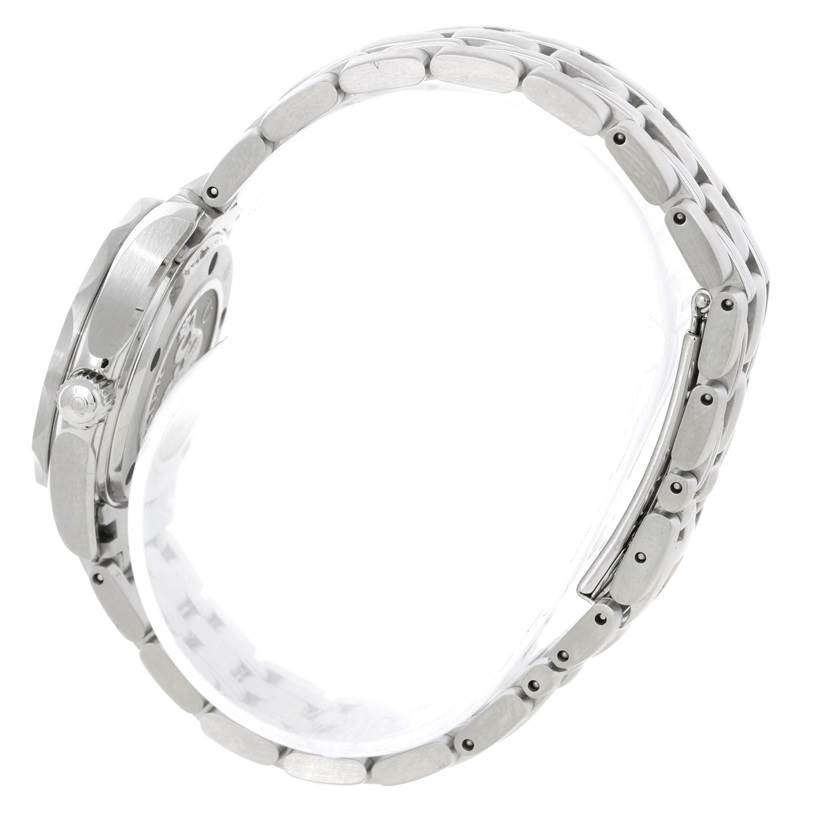 The image shows a side view of the case and bracelet of the Omega 212.30.28.61.01.001 Women's Stainless Steel Black Dial 212.30.28.61.01.001 Women's Stainless Steel Black Dial Seamaster Professional Diamond Ladies Watch model 212.30.28.61.51.001.