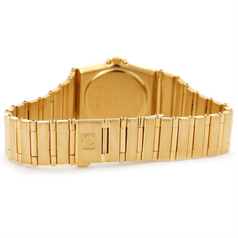 The image shows the back and bracelet of the Omega Women
s Blue Dial Women
s Blue Dial Constellation 18K Yellow Gold Diamond Lapis Dial Watch.