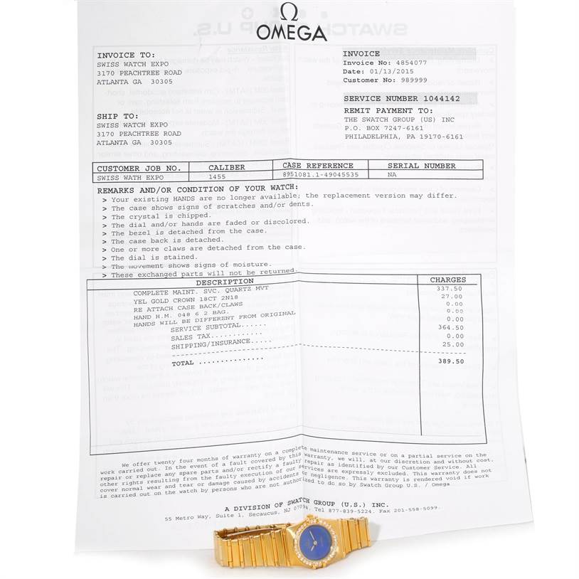 The image shows an Omega Women
s Blue Dial Women
s Blue Dial Constellation 18K Yellow Gold Diamond Lapis Dial Watch positioned below a repair invoice.