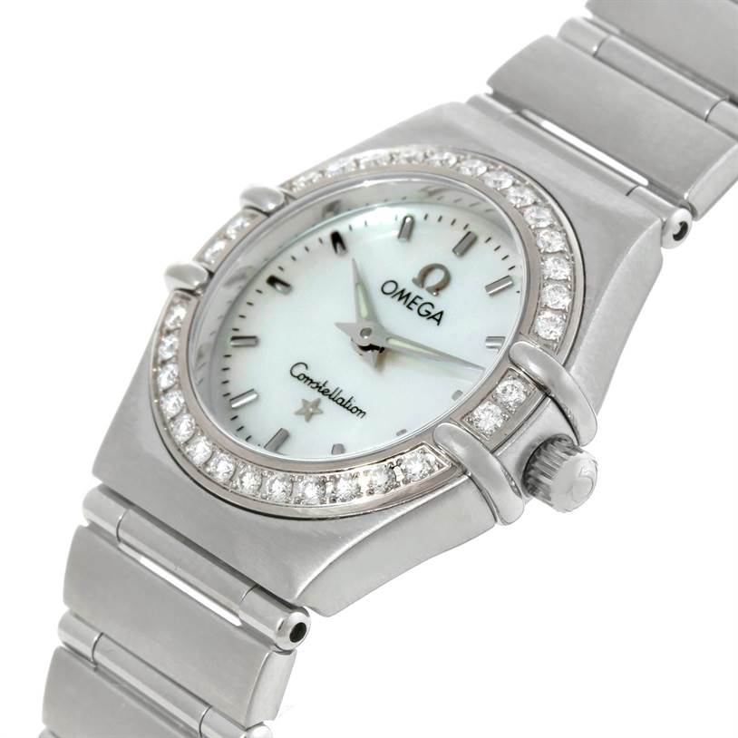 The image shows a close-up angle of the Omega 1466.71.00 Women
s Stainless Steel Mother of Pearl Dial 1466.71.00 Women
s Stainless Steel Mother of Pearl Dial Constellation 95 My Choice Ladies Mini Watch 1466.71.00, highlighting the dial, bezel, and bracelet.