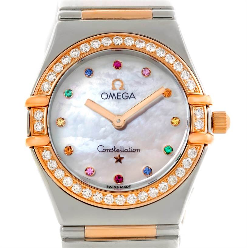 The image shows a front-facing view of the Omega 1358.79.00 Women
s Steel and Gold (two tone) Mother of Pearl Dial 1358.79.00 Women
s Steel and Gold (two tone) Mother of Pearl Dial Constellation Iris Steel Rose Gold Multi Stone Watch 1358.79.00.