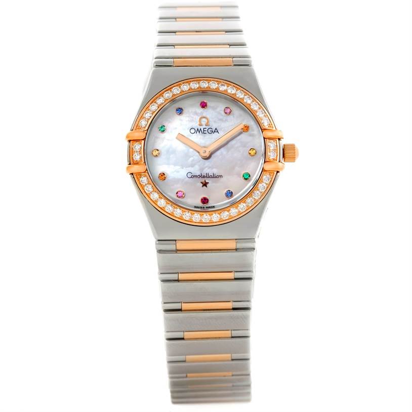 This image shows a frontal view of the Omega 1358.79.00 Women
s Steel and Gold (two tone) Mother of Pearl Dial 1358.79.00 Women
s Steel and Gold (two tone) Mother of Pearl Dial Constellation Iris Steel Rose Gold Multi Stone Watch 1358.79.00 with its full bracelet.