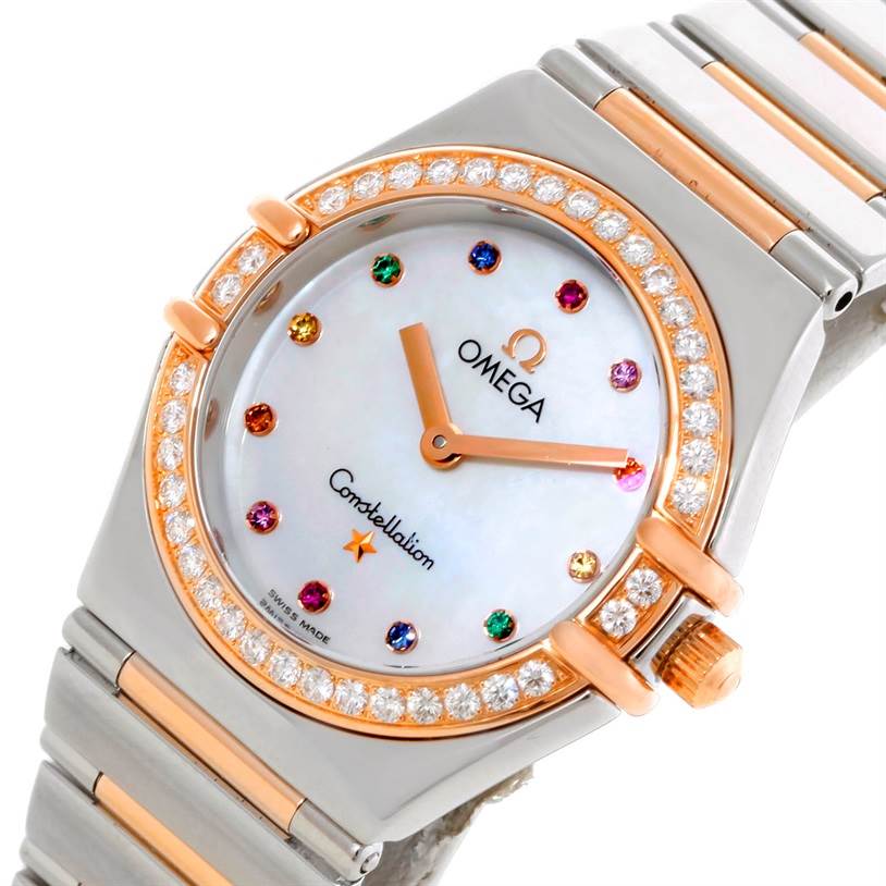 The image shows a close-up angle of the Omega 1358.79.00 Women
s Steel and Gold (two tone) Mother of Pearl Dial 1358.79.00 Women
s Steel and Gold (two tone) Mother of Pearl Dial Constellation Iris Steel Rose Gold Multi Stone Watch 1358.79.00, focusing on the face and bezel.