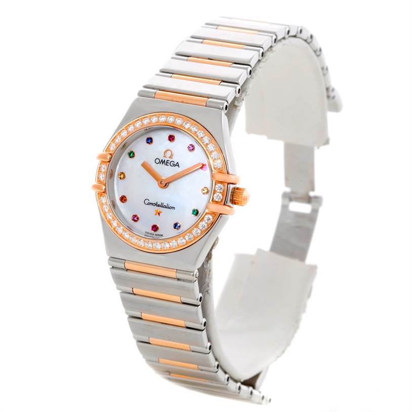 The Omega 1358.79.00 Women
s Steel and Gold (two tone) Mother of Pearl Dial 1358.79.00 Women
s Steel and Gold (two tone) Mother of Pearl Dial Constellation Iris Steel Rose Gold Multi Stone Watch 1358.79.00 is shown at an angle displaying the dial, bezel, and bracelet.