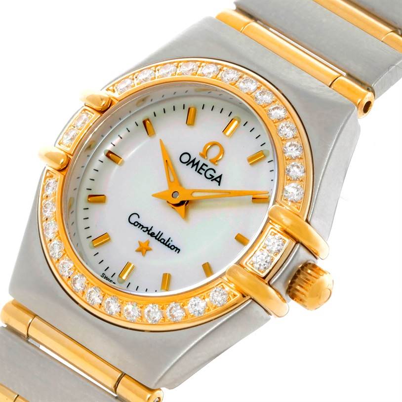 The image shows a close-up of an Omega 1267.70.00 Women
s Steel and Gold (two tone) Mother of Pearl Dial 1267.70.00 Women
s Steel and Gold (two tone) Mother of Pearl Dial Constellation My Choice Mini Steel Gold Diamond Watch 1267.70.00, highlighting the dial, bezel, and bracelet.