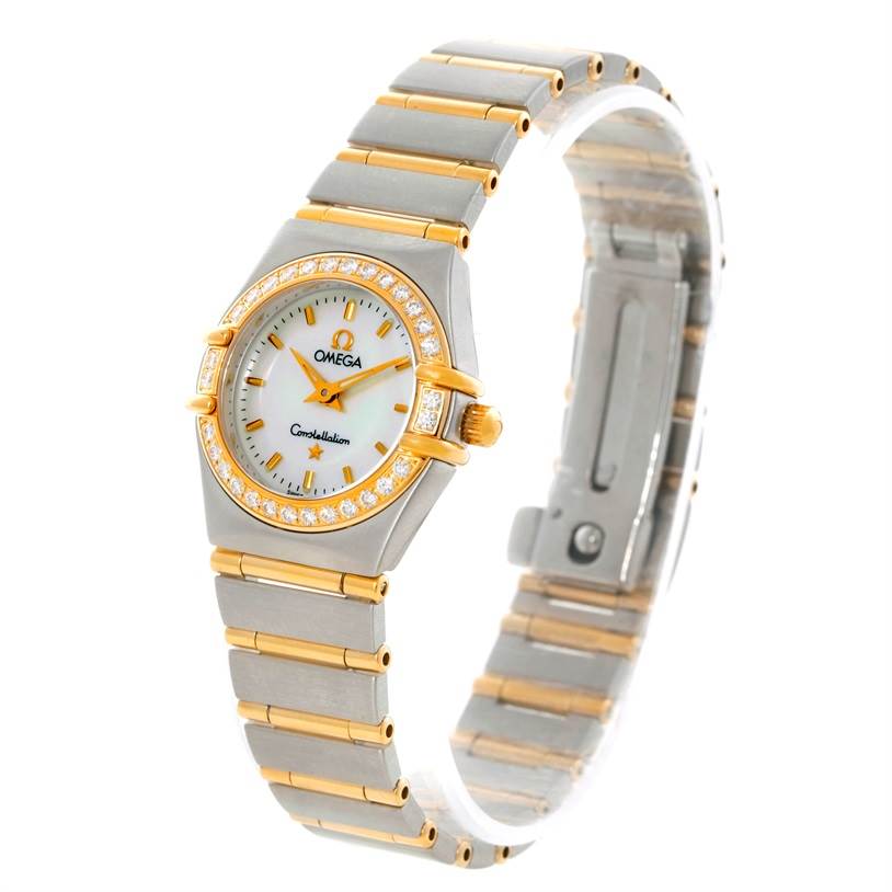 The Omega 1267.70.00 Women
s Steel and Gold (two tone) Mother of Pearl Dial 1267.70.00 Women
s Steel and Gold (two tone) Mother of Pearl Dial Constellation My Choice Mini Steel Gold Diamond Watch 1267.70.00 is shown from a front angle highlighting its face and bracelet.