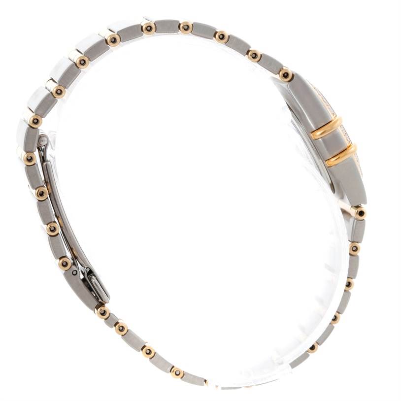 Side view of the Omega 1267.70.00 Women
s Steel and Gold (two tone) Mother of Pearl Dial 1267.70.00 Women
s Steel and Gold (two tone) Mother of Pearl Dial Constellation My Choice Mini Steel Gold Diamond Watch 1267.70.00 showing the band and case.