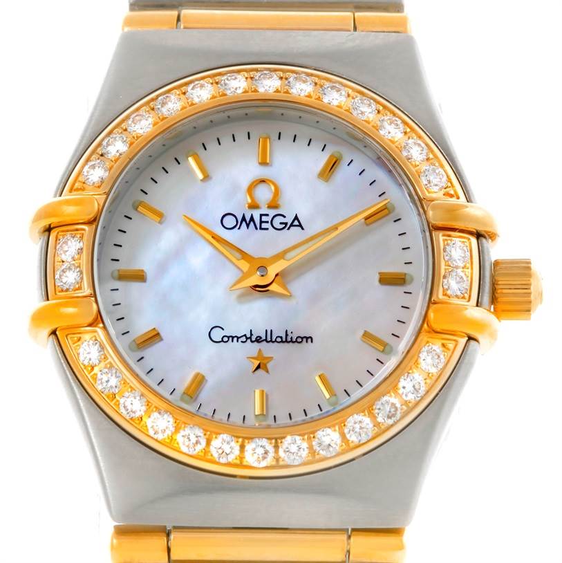 This image shows a front view of an Omega 1267.70.00 Women
s Steel and Gold (two tone) Mother of Pearl Dial 1267.70.00 Women
s Steel and Gold (two tone) Mother of Pearl Dial Constellation My Choice Mini Steel Gold Diamond Watch 1267.70.00.