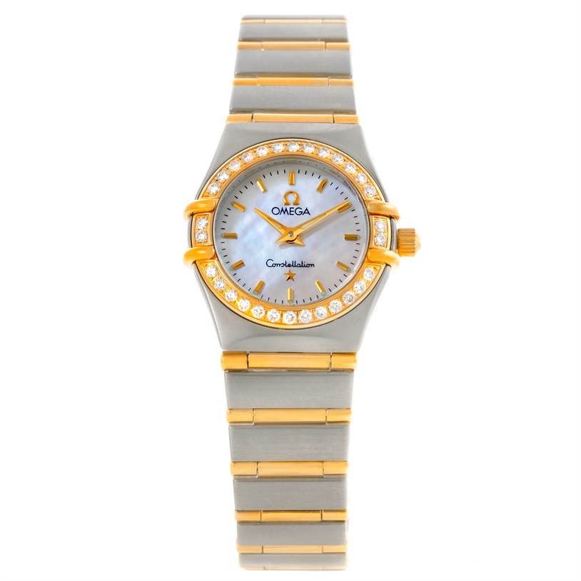 Front view of the Omega 1267.70.00 Women
s Steel and Gold (two tone) Mother of Pearl Dial 1267.70.00 Women
s Steel and Gold (two tone) Mother of Pearl Dial Constellation My Choice Mini Steel Gold Diamond Watch 1267.70.00, showing the face, bezel, and bracelet.