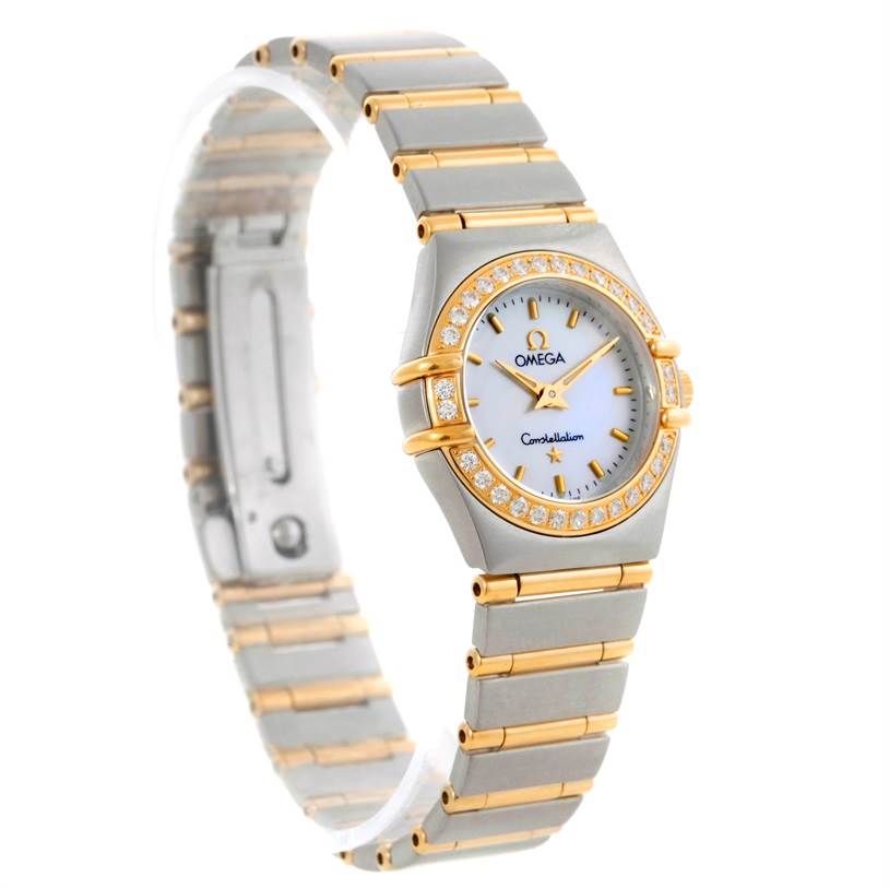 The Omega 1267.70.00 Women
s Steel and Gold (two tone) Mother of Pearl Dial 1267.70.00 Women
s Steel and Gold (two tone) Mother of Pearl Dial Constellation My Choice Mini Steel Gold Diamond Watch 1267.70.00 is shown angled to the left, displaying its face and band.
