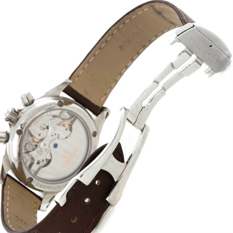 The image shows the back case, visible mechanism, and leather strap of the Omega 4877.60.37 Women
s Stainless Steel Mother of Pearl Dial 4877.60.37 Women
s Stainless Steel Mother of Pearl Dial DeVille Co-Axial 1.61CT Diamond Ladies Watch 4877.60.37.