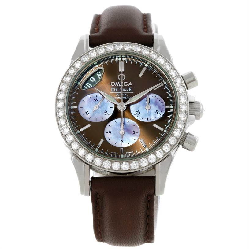 The image shows the front view of the Omega 4877.60.37 Women
s Stainless Steel Mother of Pearl Dial 4877.60.37 Women
s Stainless Steel Mother of Pearl Dial DeVille Co-Axial 1.61CT Diamond Ladies Watch model 4877.60.37.