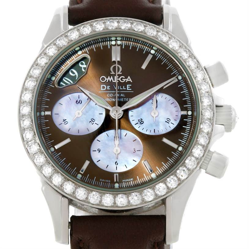 The Omega 4877.60.37 Women
s Stainless Steel Mother of Pearl Dial 4877.60.37 Women
s Stainless Steel Mother of Pearl Dial DeVille Co-Axial 1.61CT Diamond Ladies Watch 4877.60.37 is shown from a front angle, displaying its dial, diamond bezel, and brown strap.